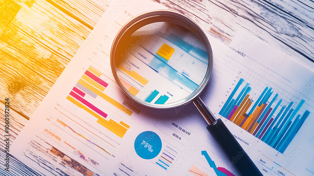 Aufkleber magnifying glass and a stack of report paper documents, concept of business and search
