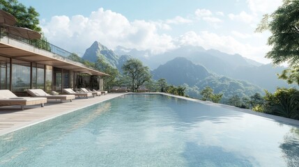 Obraz premium A serene infinity pool overlooking lush mountains, embodying luxury and relaxation.