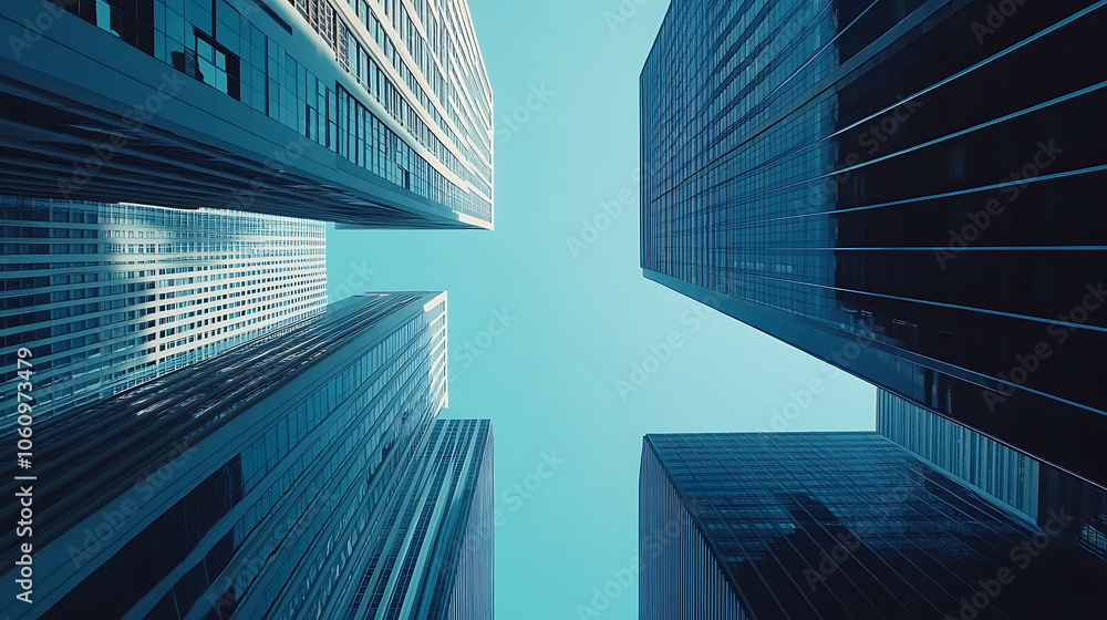Poster modern skyscrapers connected digitally, representing the integration of technology in real estate bu