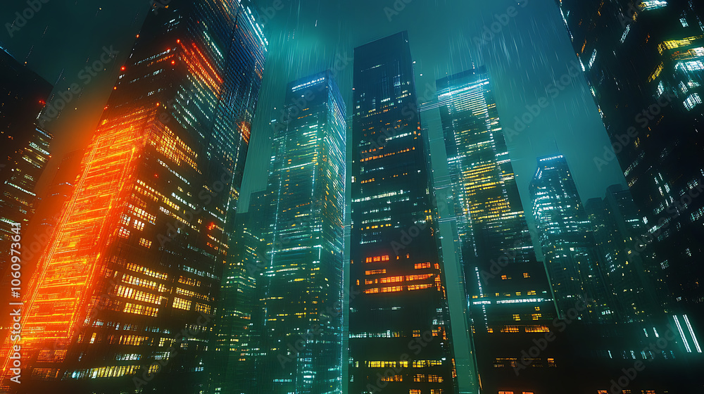 Poster modern skyscrapers with network connections, representing the impact of ai on real estate business m