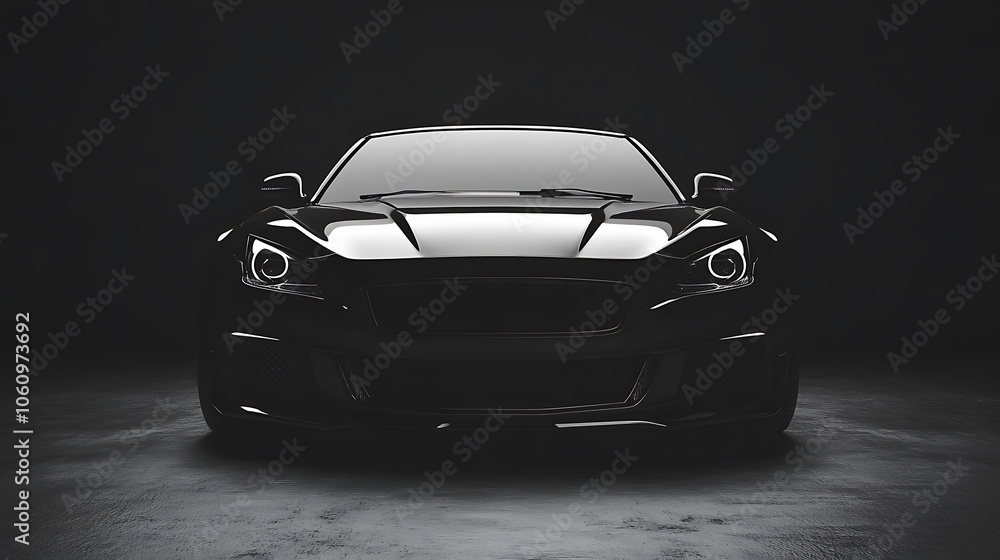 Poster front view of a generic black sport car isolated on a dark background