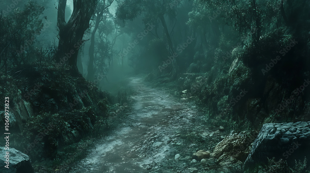 Poster mysterious dark green path in enchanted fantasy forest with muddy trail and foggy atmosphere magical
