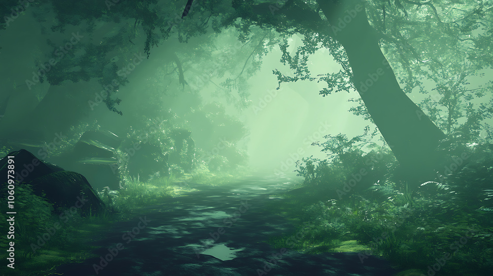 Poster mysterious dark green path in enchanted fantasy forest with muddy trail and foggy atmosphere magical