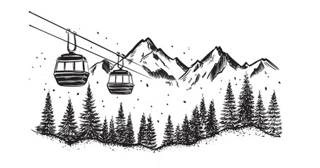 Ski lift in the mountains, hand drawn.	
