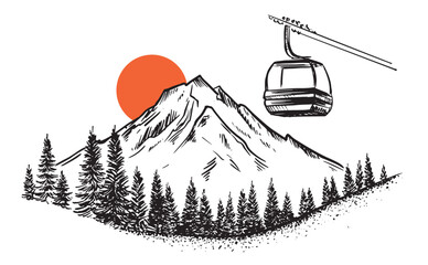 Ski lift in the mountains, hand drawn.	
