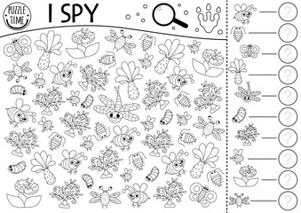 Dinosaur black and white I spy game for kids. Searching and counting line activity with ancient insects. Prehistoric printable worksheet, coloring page. Simple dino spotting puzzle with bee, centipede