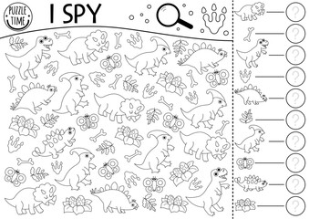 Dinosaur black and white I spy game for kids. Searching and counting line activity with T-rex, triceratops, stegosaurus. Prehistoric printable worksheet, coloring page. Simple dino spotting puzzle