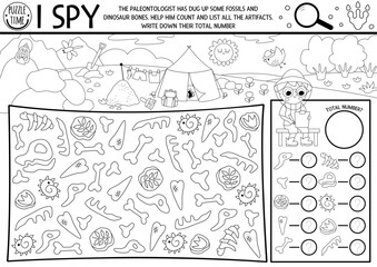 Dinosaur black and white I spy game. Searching and counting line activity with paleontologists, bones, fossils. Prehistoric printable worksheet, coloring page. Spotting puzzle with dig camp landscape © Lexi Claus