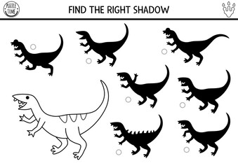 Dinosaur black and white shadow matching activity with ancient animal. Prehistoric line puzzle with compsognathus. Find correct silhouette printable worksheet, game, coloring page for kids
