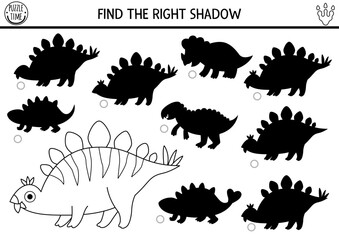 Dinosaur black and white shadow matching activity with ancient animal. Prehistoric line puzzle with stegosaur. Find correct silhouette printable worksheet, game, coloring page for kids