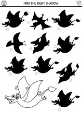 Dinosaur black and white shadow matching activity with ancient animal. Prehistoric line puzzle with rhamphorhynchid. Find correct silhouette printable worksheet, game, coloring page for kids