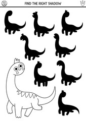 Dinosaur black and white shadow matching activity with ancient animal. Prehistoric puzzle with brachiosaur. Find correct silhouette printable worksheet, game, coloring page with diplodocus