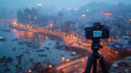 Fototapeta premium At night, the camera is on top of a tripod, shooting the city at night, the city lights need to be particularly bright.