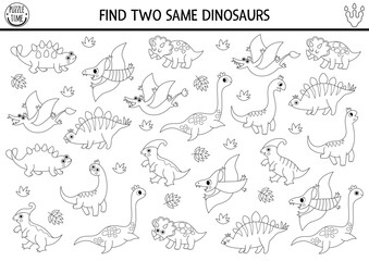 Find two same dinosaurs. Prehistoric black and white matching activity for children. Dino land educational quiz worksheet for kids with ancient animals. Printable line game with triceratops © Lexi Claus