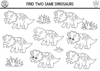 Find two same dinosaurs. Prehistoric black and white matching activity. Dino educational line quiz, worksheet for kids with ancient animals. Printable game, coloring page with triceratops