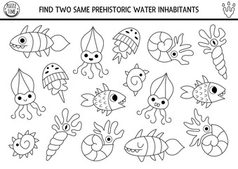 Find two same prehistoric water inhabitants. Black and white matching activity. Dinosaur educational line quiz worksheet for kids with ancient ocean animals. Printable game, coloring page with fish