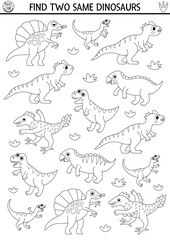 Find two same dinosaurs. Prehistoric black and white matching activity. Dino educational line quiz, worksheet for kids with ancient animals. Printable game, coloring page with T-rex, velociraptor