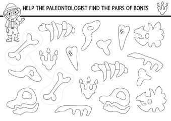 Find pair of dinosaur bones. Prehistoric black and white matching activity. Dino educational line quiz worksheet for kids for attention. Printable game, coloring page with ancient animal skeleton © Lexi Claus