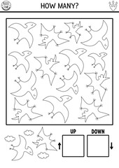 Obraz premium Dinosaur black and white logic game with up and down concept for kids. I spy searching, counting line activity with ancient animal. Prehistoric printable space orientation worksheet with pterosaur