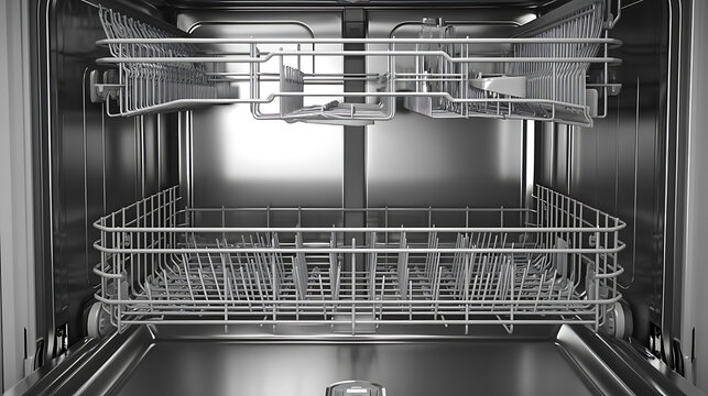 open empty dishwasher with racks and baskets kitchen appliance 3d rendering