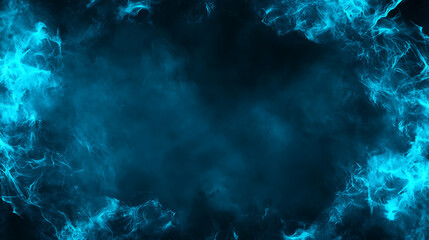 Fototapeta premium Realistic thunder light and blue smoke cloud bottom frame, Mysterious lightning glow border wide panoramic element, Fluffy magic spell mist glowing with bolt energy charge overlay turquoise design