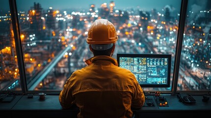 Fototapeta premium A supervisor reviewing production records and quality control reports in a control room overlooking the factory floor