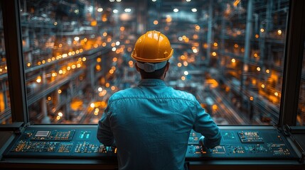 Fototapeta premium A supervisor reviewing production records and quality control reports in a control room overlooking the factory floor