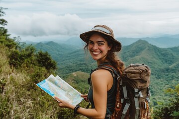 Smiling hiker woman consulting map on mountain top hiking trail