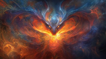Abstract digital painting of a fire dragon with glowing eyes and mouth, set against a background of red and blue smoke.