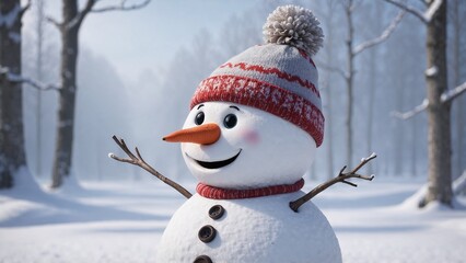 Obraz premium Cheerful snowman with a red hat and a big smile standing in a snowy winter landscape