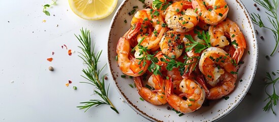 Sauteed shrimps and prawns seasoned with garlic, herbs, and lemon, displayed on white background with copy space image