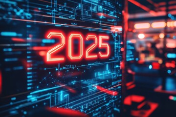 Obraz premium A futuristic digital display showcasing the year 2025 in a high-tech environment with vibrant neon lights