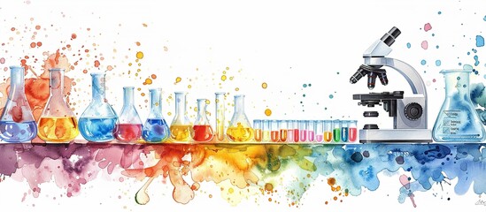 Watercolor science lab background with test tubes, beakers and microscopes on transparent background