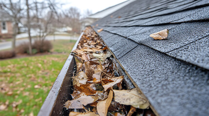 The process of cleaning spring rain gutters with a pressure washer, captured in a close, up photo to detail the task