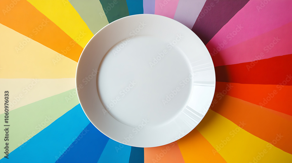 Poster top view of an empty round white plate with a colored background set on a tablecloth for food, plate
