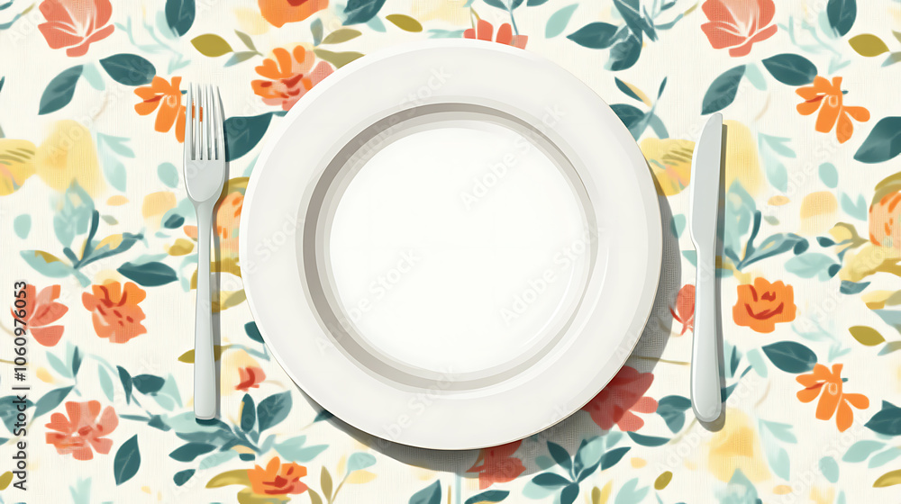 Poster Top view of an empty round white plate with a colored background set on a tablecloth for food, Plate empty onto napkin, leaving room for your artwork
