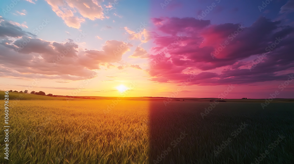 Poster time, lapse of a sunset over a field showcasing the breathtaking transition from day to night in vib