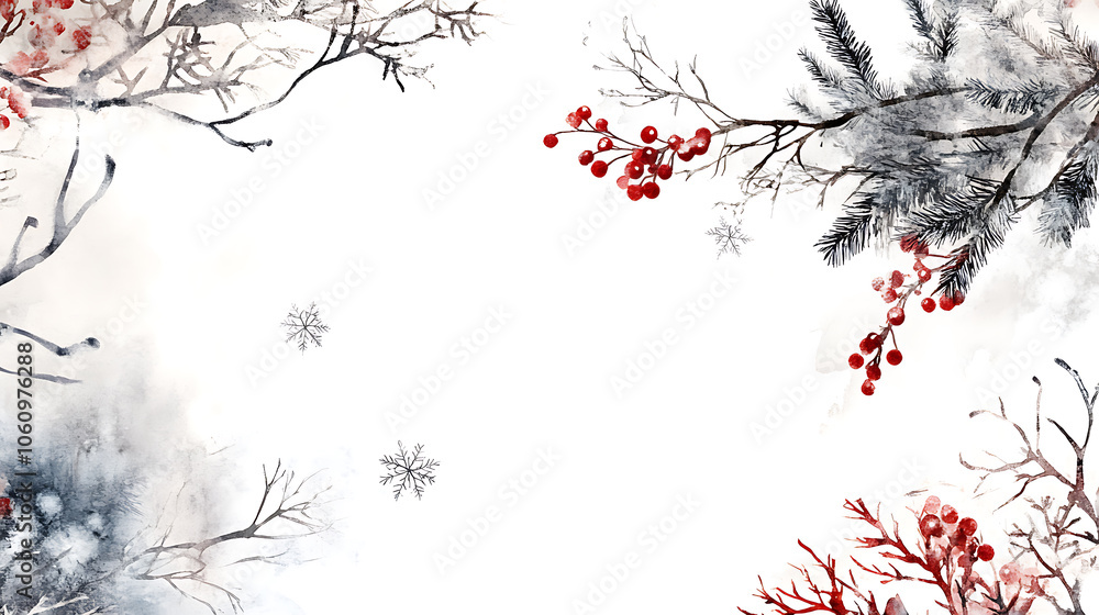 Poster Winter watercolor background presentation design with text space for display, winter branches and berries, pine twigs and snowflakes on a white background with empty center area for text
