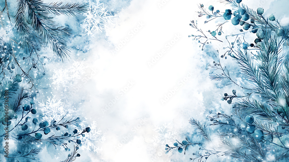 Poster Winter watercolor background presentation design with text space for display, winter branches and berries, pine twigs and snowflakes on a white background with empty center area for text