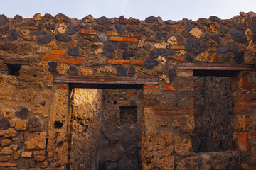Ancient ruins of Pompei city, Naples, Italy. View of ancient city of Pompeii, Pompei is ancient Roman city destroyed from eruption of Mount Vesuvius in 1st century, Naples, Italy