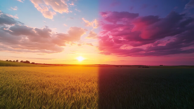 Time, lapse of a sunset over a field Showcasing the breathtaking transition from day to night in vibrant colors