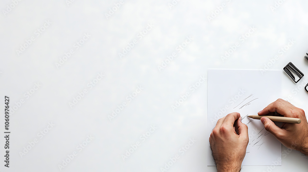 Aufkleber simple white desktop with one hand writing on a piece of paper with a neutral pen and some note, tak