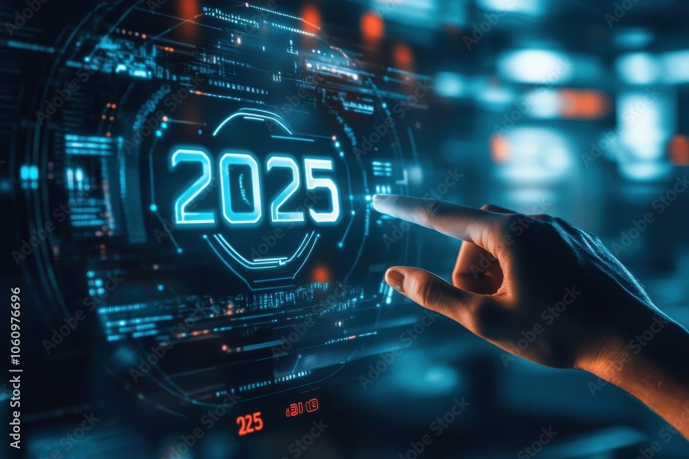 Aufkleber a futuristic hand interacting with a glowing digital display showing the year 2025 in a tech-focused