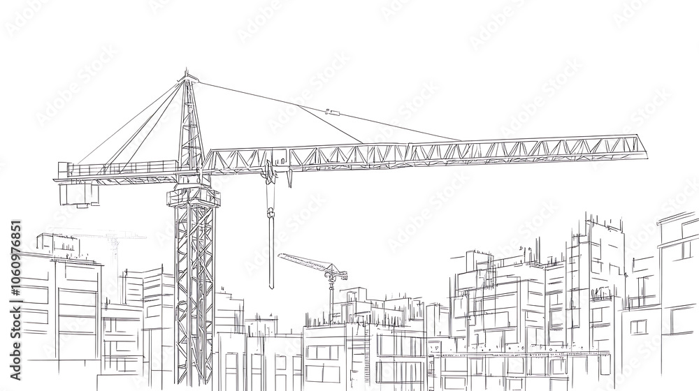 Poster tower crane used in construction, white background with vector line art