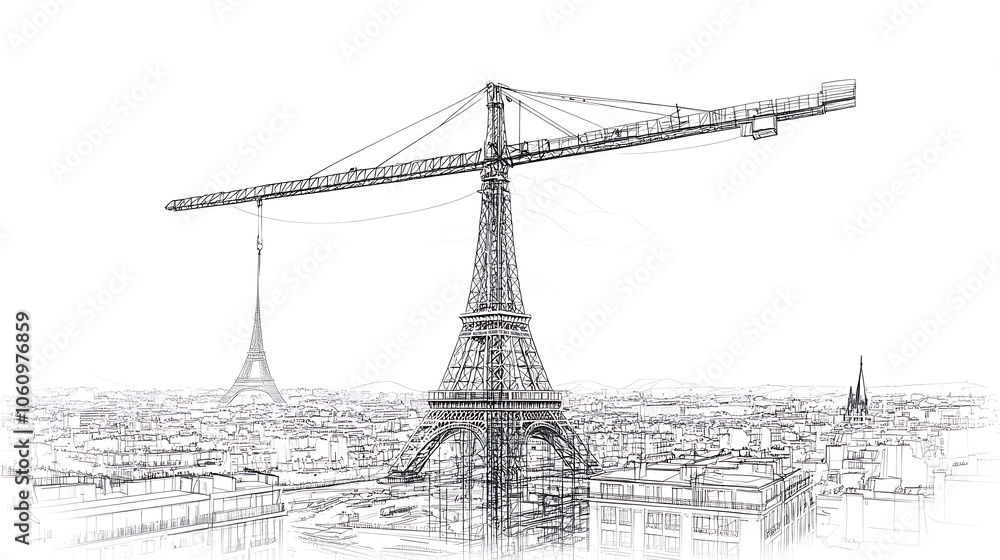 Poster tower crane used in construction, white background with vector line art