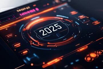 Obraz premium Futuristic digital interface displaying the year 2025 with vibrant graphical elements in a modern setting