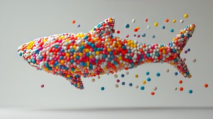 Fototapeta premium Colorful spheres forming a shark shape with some spheres floating around it on a white background.