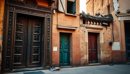 Fototapeta premium Decorative antique doors with intricate designs in a charming alley, historical architecture,