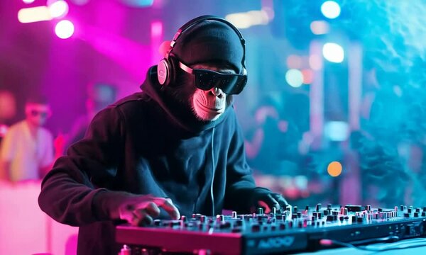A monkey wearing headphones and sunglasses mixes music at a vibrant DJ setup.