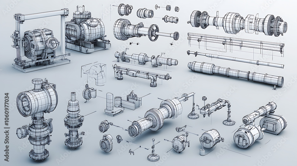 Poster various industrial equipment, including valves, 3d rendered in vector format, wire, frame design, th